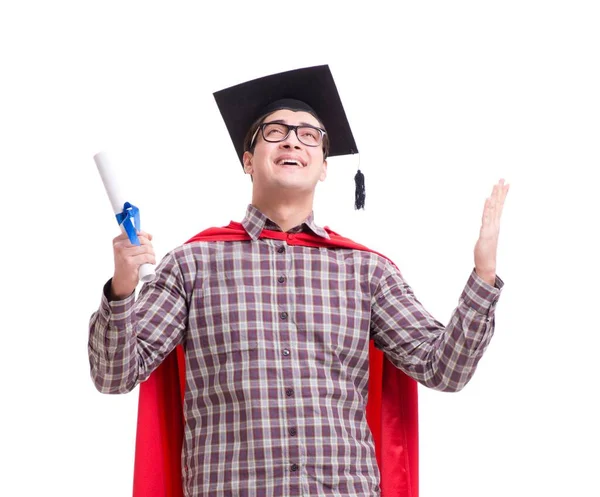 Super held student afstuderen het dragen van mortel board cap geïsoleerd — Stockfoto