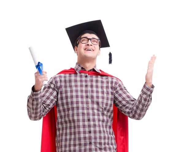 Estudante super-herói graduando-se usando tampa placa argamassa isolada — Fotografia de Stock