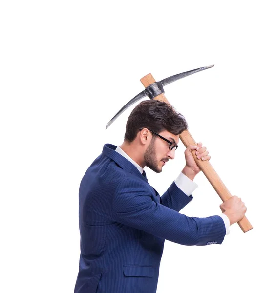 Joven hombre de negocios con hacha aislada en blanco —  Fotos de Stock