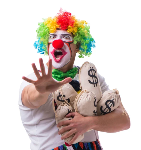 Funny clown with money sacks bags isolated on white background — Stock Photo, Image