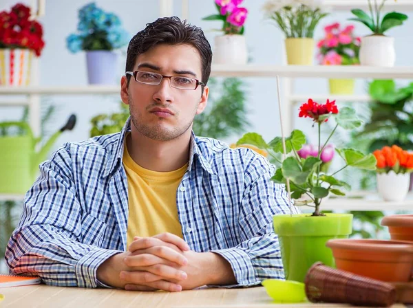 The young man florist working in a flower shop