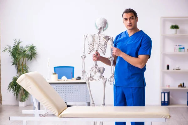 Jonge mannelijke arts docent demonstreren skelet — Stockfoto
