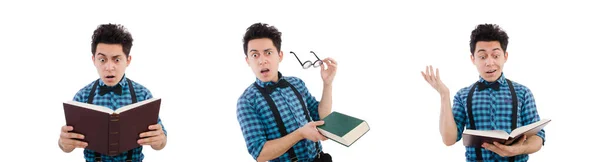 Vtipný student s knihami na bílém — Stock fotografie