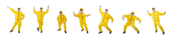 Hombre en traje amarillo aislado en blanco — Foto de Stock