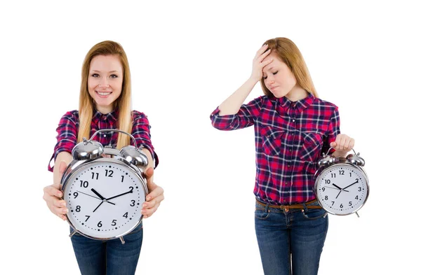 Woman with clock isolated on white — Stock Photo, Image