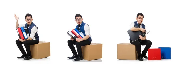 Young employee sitting on the box isolated on white — Stock Photo, Image