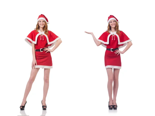 Giovane donna in costume da Babbo Natale rosso su bianco — Foto Stock