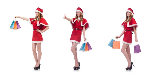 Giovane donna in costume da Babbo Natale rosso su bianco — Foto Stock