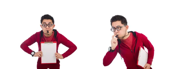 Funny sportsman holding diary isolated on white — Stock Photo, Image