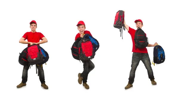 Young traveller with backpack isolated on white — Stock Photo, Image