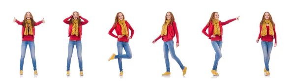 Nettes lächelndes Mädchen in roter Jacke und Jeans isoliert auf weiß — Stockfoto