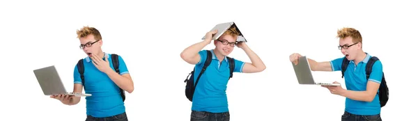 Student met laptop geïsoleerd op wit — Stockfoto