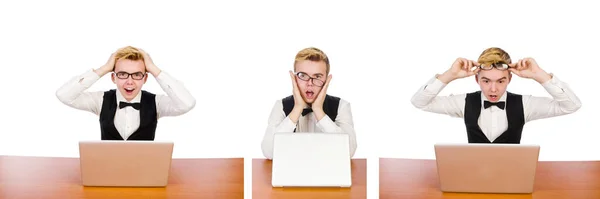 Okos diák ül laptop elszigetelt fehér — Stock Fotó