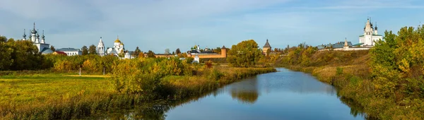 Church in Suzdal in sunny day. Gold ring of Russia. Panorama