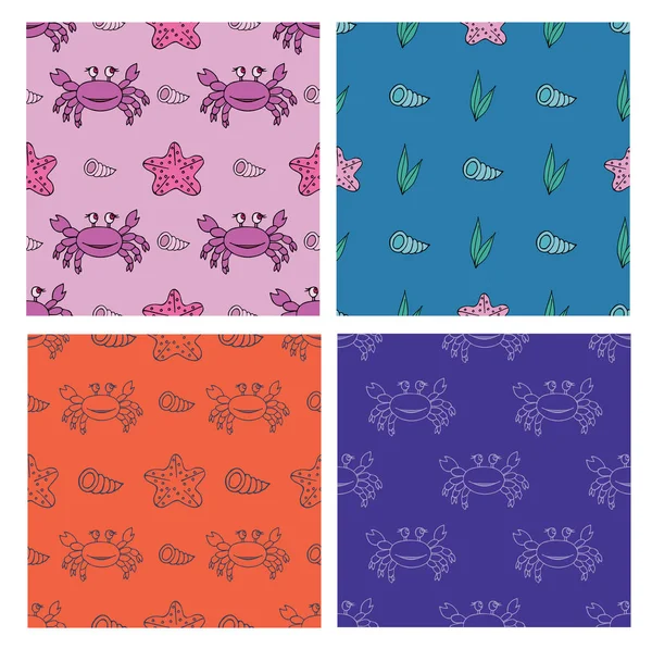 Set Seamless Patterns Crabs Starfish Shells Colorful Backgrounds — Stock Vector