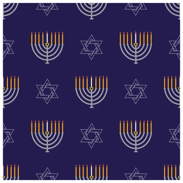 ハヌカ本枝の燭台 Dreidels ダビデの星とドーナツとユダヤ教の祝日ハヌカ シームレス パターン グリーティング カード グラフィック デザインのベクトルの背景 — ストックベクタ