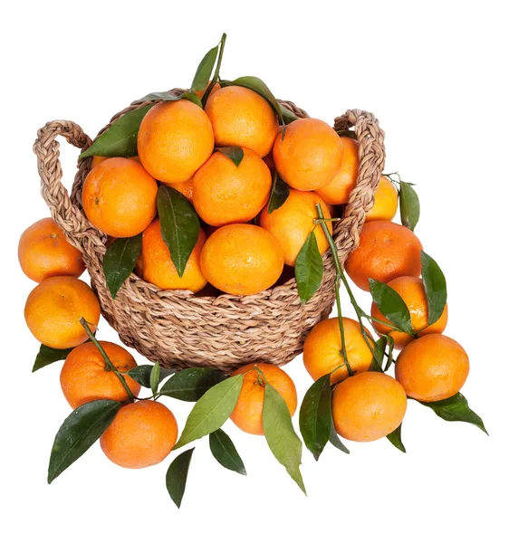 Koš Zralé Čerstvé Mandarinky Bílém Pozadí — Stock fotografie