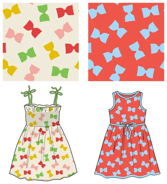 Padrão da moda sem costura com bows.Fashionable vestidos de verão coloridos com toda a impressão . — Vetor de Stock