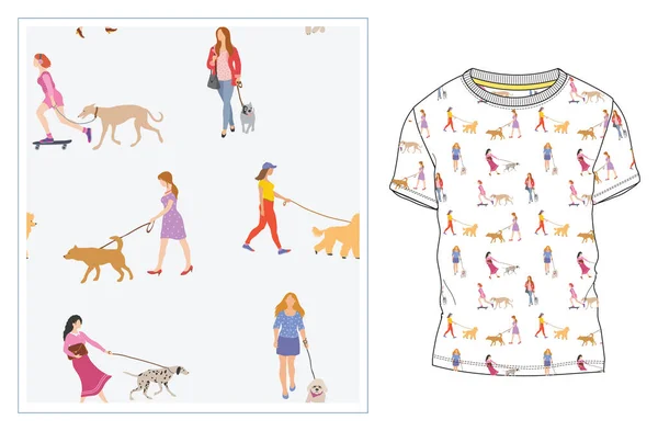 Trendy seamless pattern with hand drawing people. Young women walking their dogs on street. — Stock Vector
