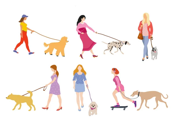 Young women walking their dogs on street. Vector illustration. — Stock Vector