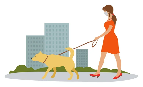 Young Woman Walking Dog Medical Mask Summer 2020 Vector Illustration — Stock Vector