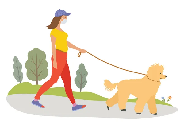 Mujer Joven Paseando Con Perro Máscara Médica Verano 2020 Ilustración — Vector de stock