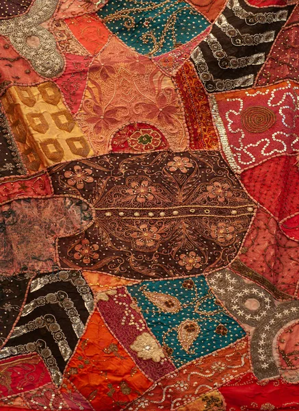 Detail Eines Beduinen Teppichs Mit Bunten Stickereien Und Perlen Orientalischer — Stockfoto