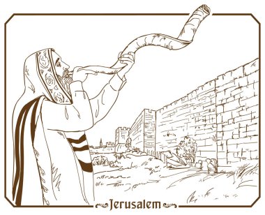Tallit 'teki Yahudi, Rosh Hashanah' ı uçuruyor. El çizimi çizimi.