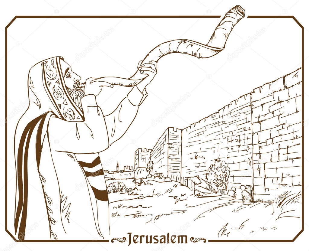 Jew in tallit blowing the shofar of Rosh Hashanah. Hand drawing illustration.