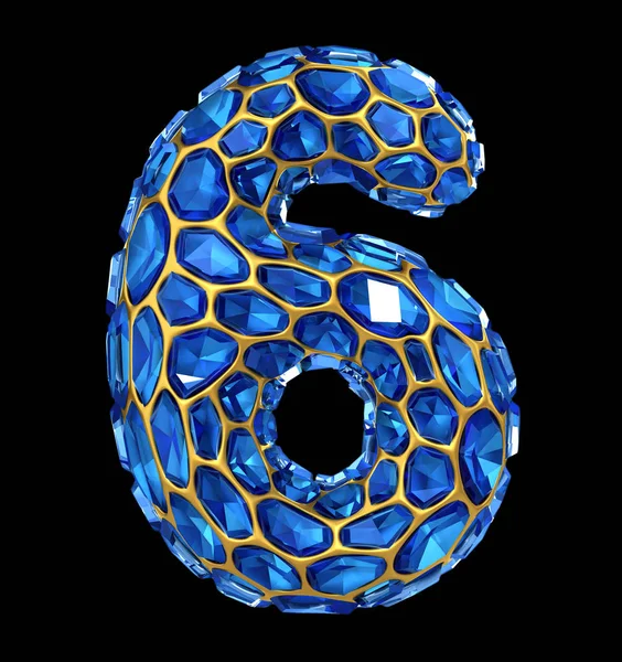 Number 6 six made of blue diamond isolated on black background. 3d