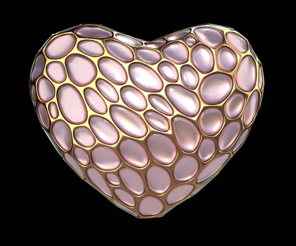 Heart made of golden shining metallic 3D with pink glass isolated on black background.
