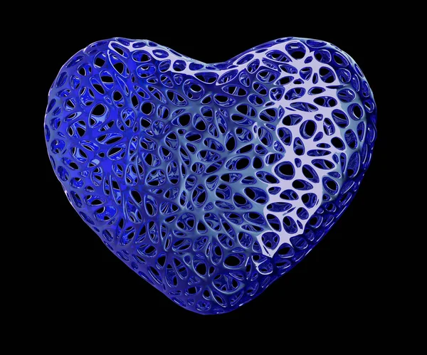 Heart made of blue plastic with abstract holes isolated on black background. 3d