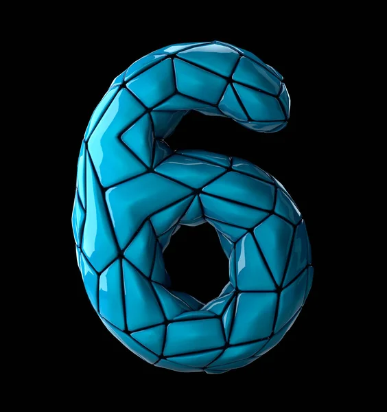 Number 6 six made of low poly style blue color plastic isolated on black background. 3d