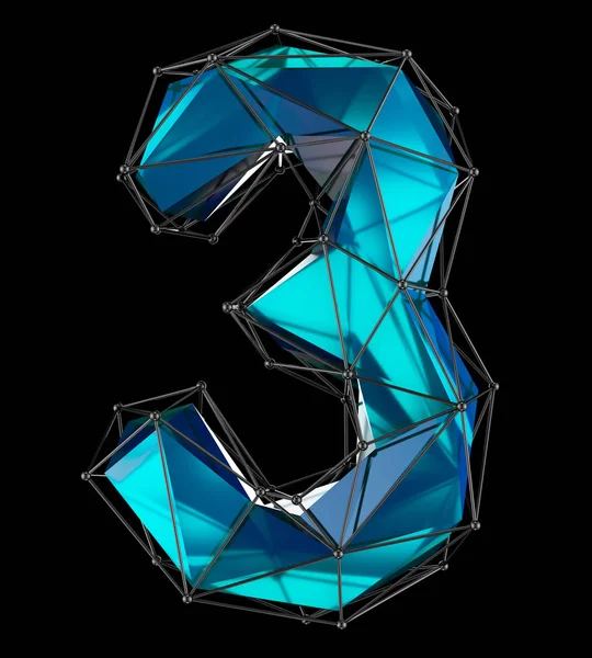 Number 3 three in low poly style blue color isolated on black background. 3d