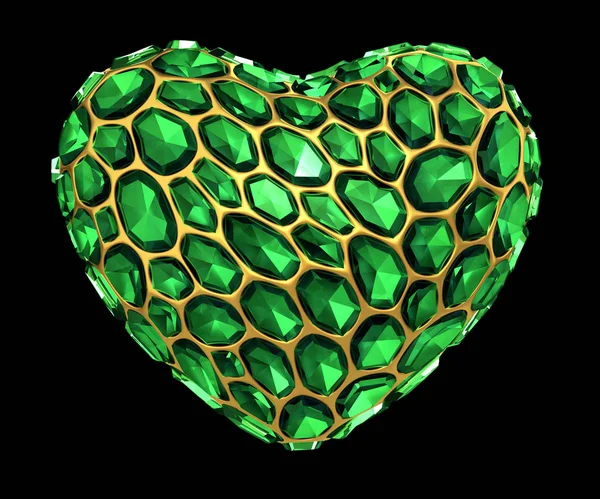 Heart made of green diamond isolated on black background. 3d