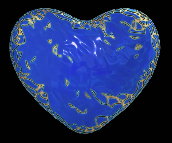 heart made in golden shining metallic 3D with blue paint isolated on black background.