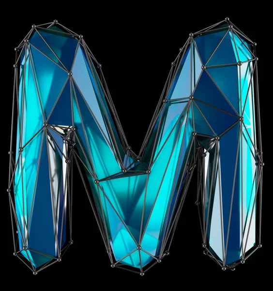 Low Poly Alphabet Letter M. Blue color Isolated on black 3d rendering