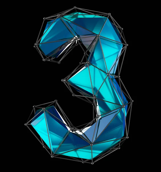 Low poly style number 3. Blue color isolated on black background. 3d