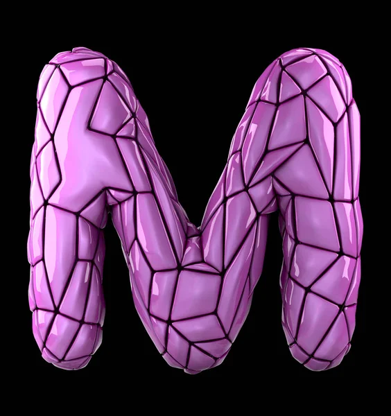 Capital latin letter M in low poly style pink color plastic isolated on black background