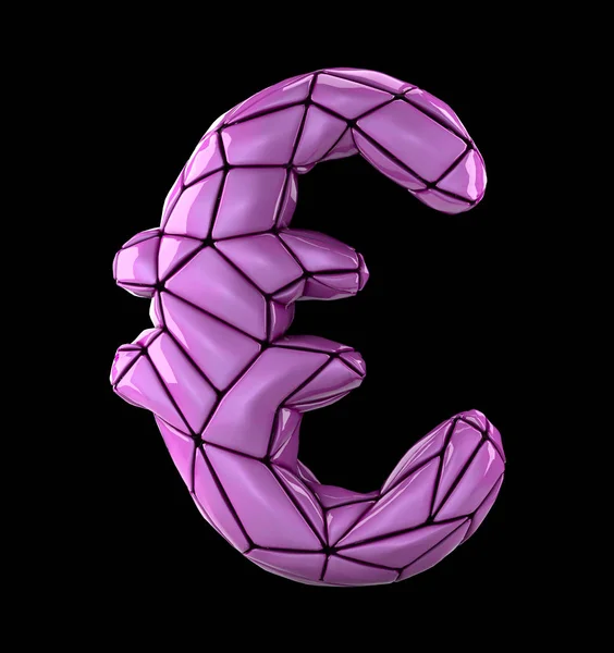 Euro sign made of low poly style pink color plastic isolated on black background. 3d