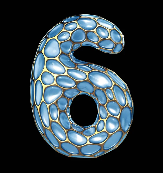 Number 6 six made of golden shining metallic 3D with blue glass isolated on black background.
