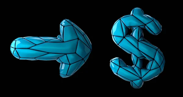 Symbol collection arrow and dollar made of blue plastic. Collection symbols of low poly style blue color plastic isolated on black background