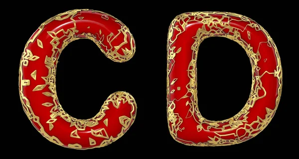 Realistic 3D letters set C, D made of gold shining metal letters.