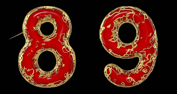 Number set 8, 9 made of realistic 3d render golden shining metallic. Collection of gold shining metallic with red color plastic symbol