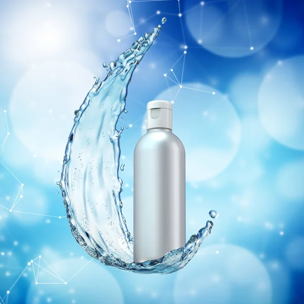 Cream bottle mock up in water splash on blue bokeh background.