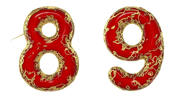 Number set 8, 9 made of realistic 3d render golden shining metallic. Collection of gold shining metallic with red color plastic symbol