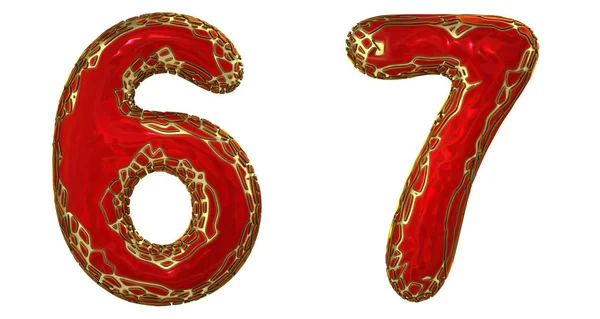 Number set 6, 7 made of realistic 3d render golden shining metallic. Collection of gold shining metallic with red color plastic symbol