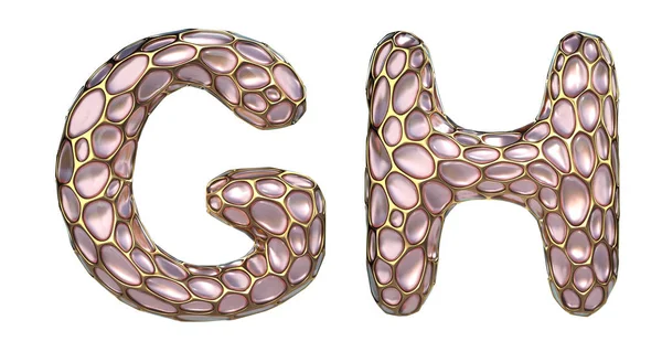 Realistic 3D letters set G, H made of gold shining metal letters.