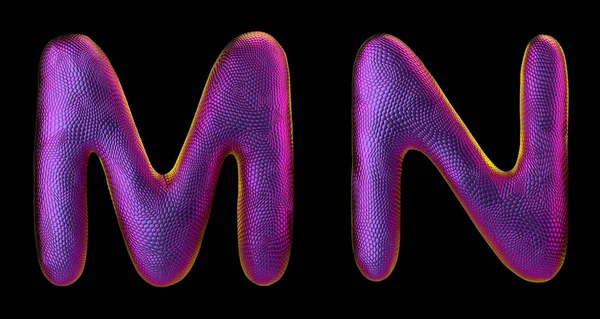 Letter set M, N made of realistic 3d render natural purple snake skin texture.