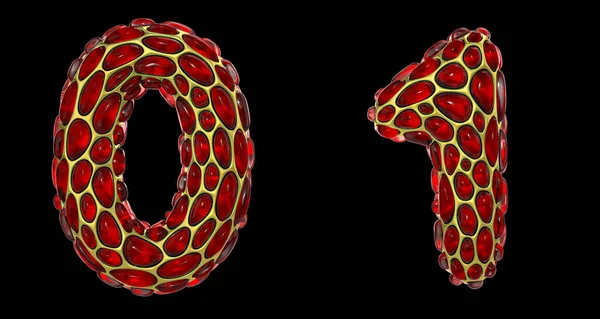 Number set 0, 1 made of realistic 3d render golden shining metallic. Collection of gold shining metallic with red color glass symbol
